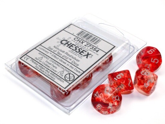 Chessex: d10s - Nebula Red/Silver 10-Dice Set