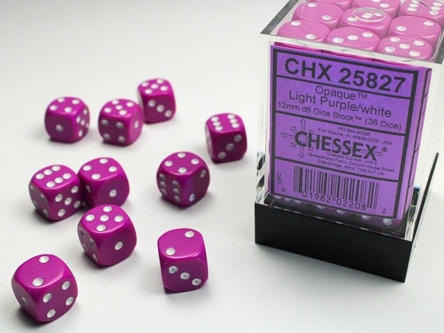 Chessex: 12mm d6 Dice Block (36 dice) - Opaque Light Purple/White