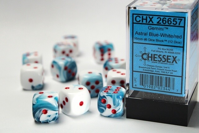 Chessex: 12mm d6 Dice Block (36 dice) - Gemini Astral Blue-White/Red