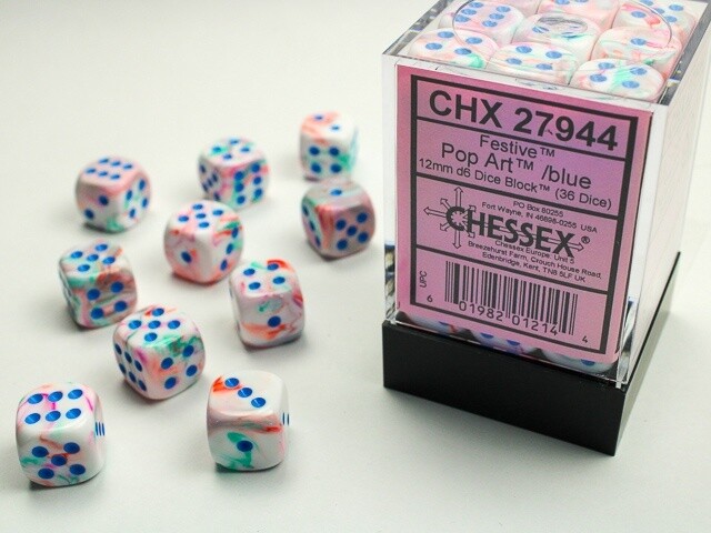Chessex: 12mm d6 Dice Block (36 dice) - Festive Pop Art/Blue