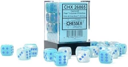 Chessex: 12mm d6 Dice Block (36 dice) - Gemini Pearl Turquoise-White/Blue