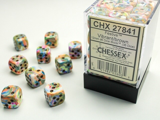 Chessex: 12mm d6 Dice Block (36 dice) - Festive Vibrant/Brown