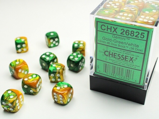 Chessex: 12mm d6 Dice Block (36 dice) - Gemini Gold-Green/White