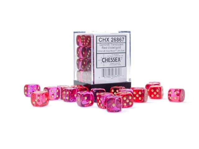 Chessex: 12mm d6 Dice Block (36 dice) - Gemini Translucent Red-Violet/Gold