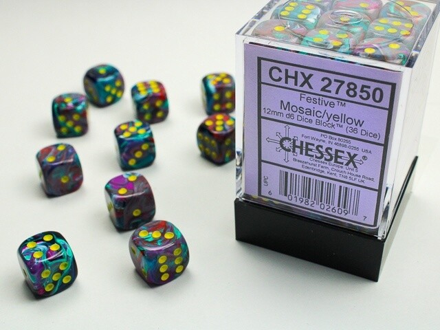 Chessex: 12mm d6 Dice Block (36 dice) - Festive Mosaic/Yellow