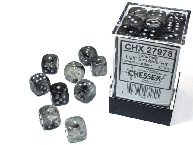 Chessex: 12mm d6 Dice Block (36 dice) - Borealis Luminary Light Smoke/Silver