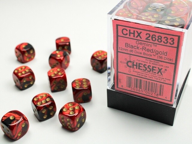 Chessex: 12mm d6 Dice Block (36 dice) - Gemini Black-Red/Gold