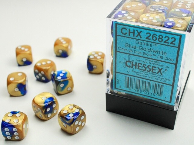 Chessex: 12mm d6 Dice Block (36 dice) - Gemini Blue-Gold/White