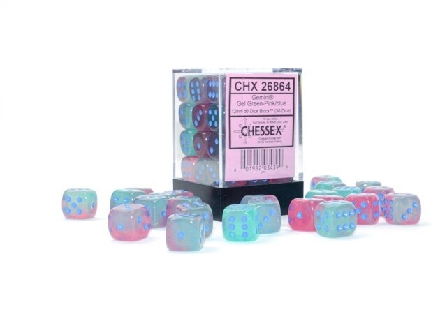 Chessex: 12mm d6 Dice Block (36 dice) - Gemini Gel Green-Pink/Blue