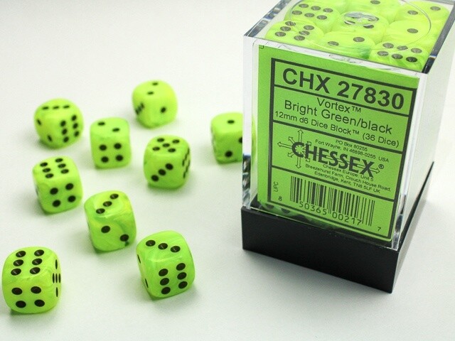 Chessex: 12mm d6 Dice Block (36 dice) - Vortex Bright Green/Black