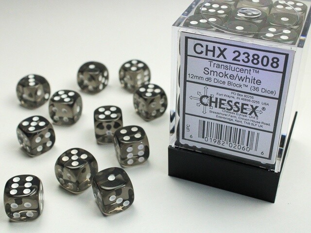 Chessex: 12mm d6 Dice Block (36 dice) - Translucent Smoke/White