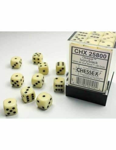 Chessex: 12mm d6 Dice Block (36 dice) - Opaque Ivory/black