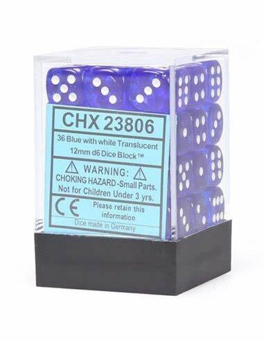 Chessex: 12mm d6 Dice Block (36 dice) - Translucent Blue/white