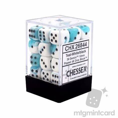 Chessex: 12mm d6 Dice Block (36 dice) - Gemini Teal-White/black