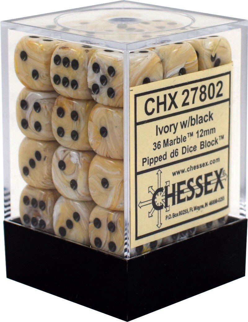 Chessex: 12mm d6 Dice Block (36 dice) - Marble Ivory/black