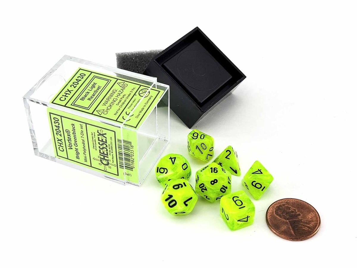 Chessex: Mini-Polyhedral 7-Dice Set - Vortex Bright Green/black