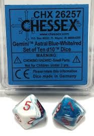 Chessex: Astral Blue/White/Red Set of 10 D10 Dice