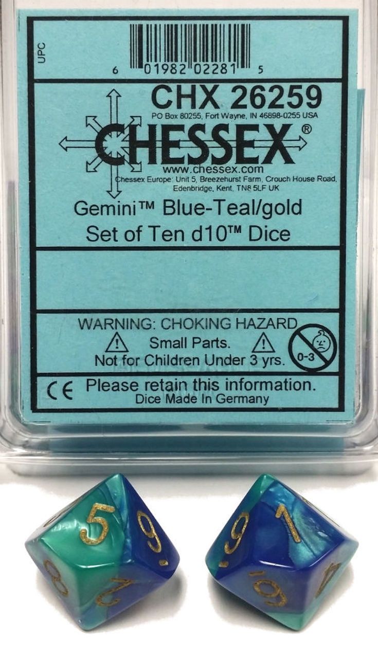Chessex: Gemini Blue-Teal/Gold Set of 10 D10 Dice