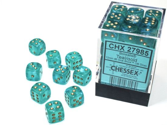 Chessex: 12mm d6 Dice Block (36 dice) - Borealis Teal/Gold