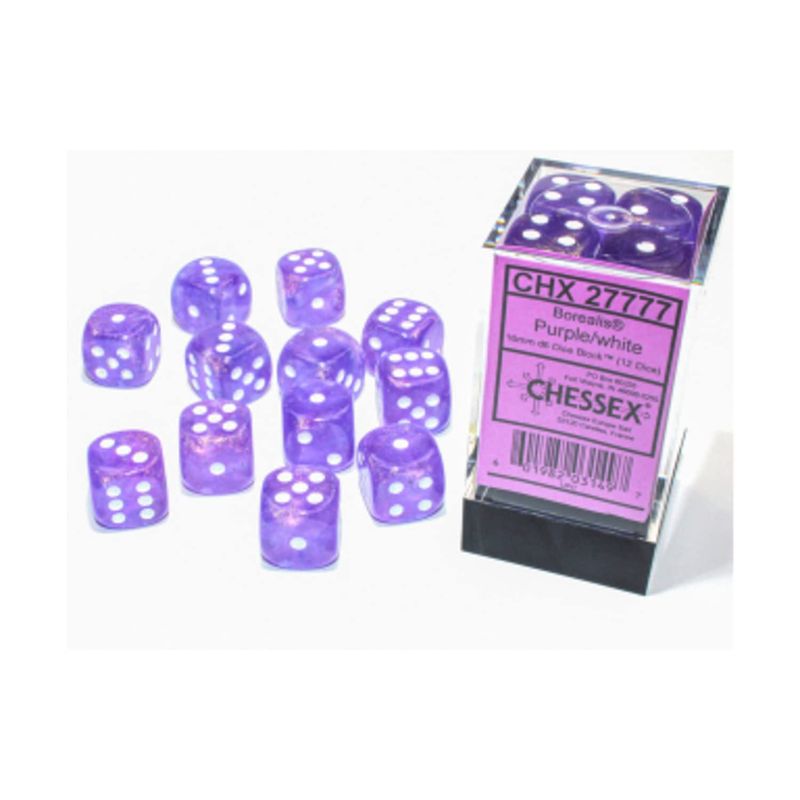 Chessex: 16mm d6 Dice Block (12 dice) - Borealis Purple/White