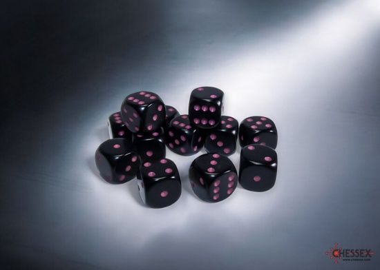 Chessex: 16mm d6 Dice Block (12 dice) - Opaque - Black/Pink