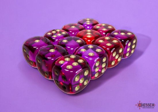 Chessex: 16mm d6 Dice Block (12 dice) - Gemini Translucent - Red-Violet/Gold