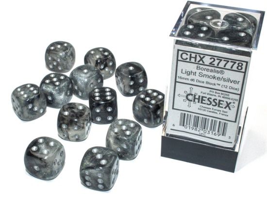 Chessex: 16mm d6 Dice Block (12 dice) - Borealis Light Smoke/Silver