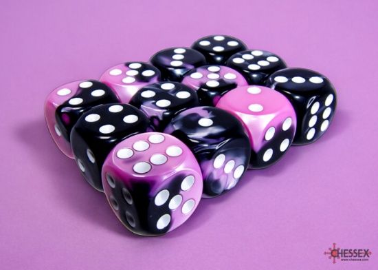 Chessex: 16mm d6 Dice Block (12 dice) - Gemini - Black-White/Pink