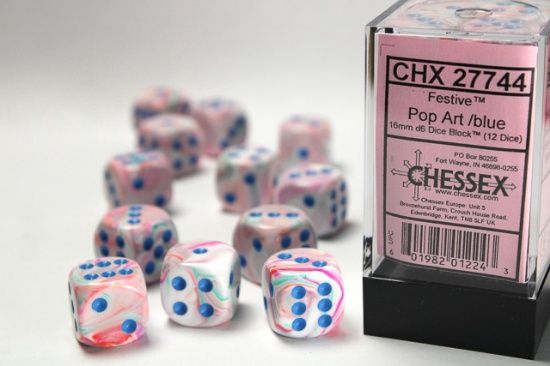 Chessex: 16mm d6 Dice Block (12 dice) - Festive - Pop Art/Blue