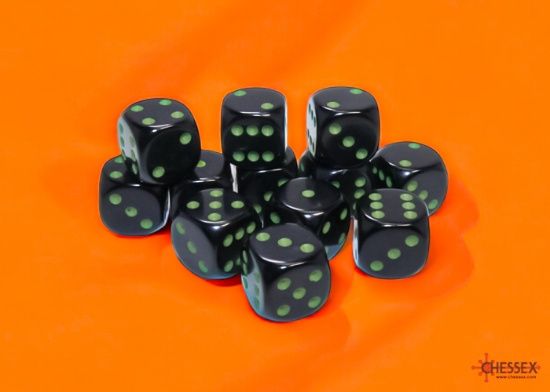 Chessex: 16mm d6 Dice Block (12 dice) - Opaque - Black/Green