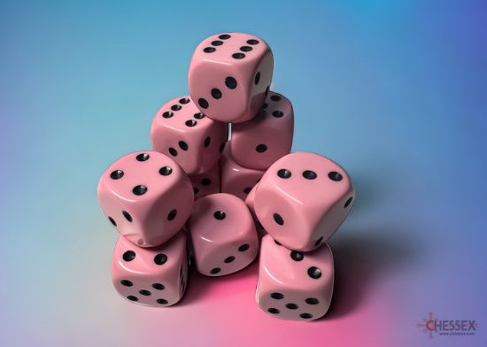 Chessex: 16mm d6 Dice Block (12 dice) - Opaque - Pastel Pink/Black
