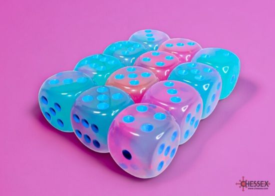 Chessex: 16mm d6 Dice Block (12 dice) - Gemini - Gel Green-Pink/Blue