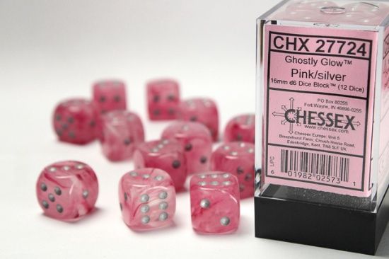 Chessex: 16mm d6 Dice Block (12 dice) - Ghostly Glow - Pink/Silver