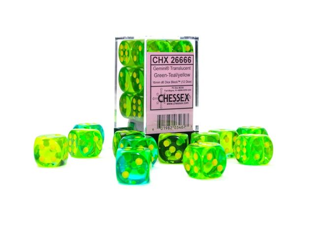 Chessex: 16MM D6 Dice Block (12 dice) Gemini Translucent Green-Teal/Yellow