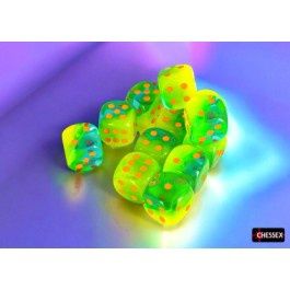 Chessex: 16mm d6 Dice Block (12 dice) - Gemini - Plasma Green Teal/Orange