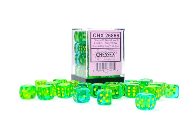 Chessex: 12mm d6 Dice Block (36 dice) - GeminiTranslucent Green - Teal/Yellow