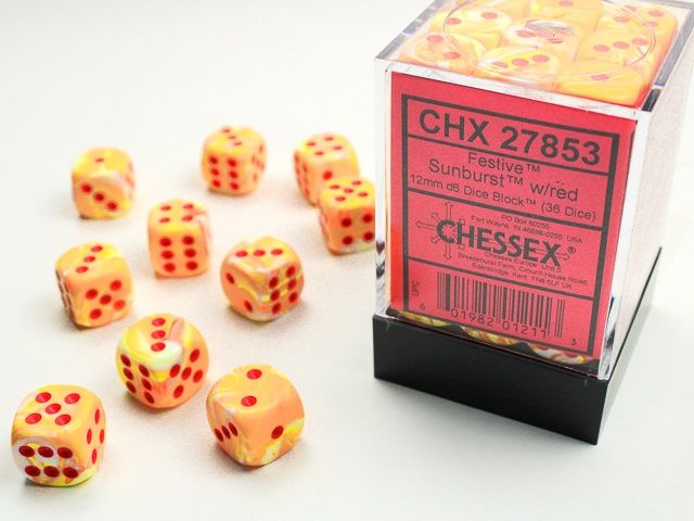 Chessex: 12mm d6 Dice Block (36 dice) - Festive Sunburst/Red