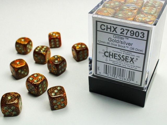 Chessex: 12mm d6 Dice Block (36 dice) - Glitter Gold/Silver