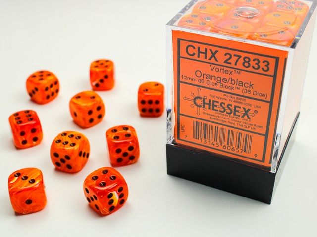 Chessex: 12mm d6 Dice Block (36 dice) - Vortex Orange/Black