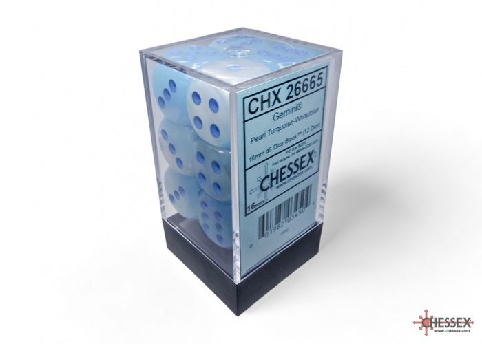 Chessex: 16mm d6 Dice Block (12 dice) - Gemini - Pearl Turquoise-White/Blue