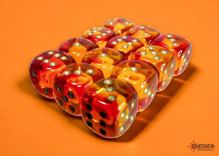 Chessex: 16mm d6 Dice Block (12 dice) - Gemini Translucent - Red-Yellow/Gold