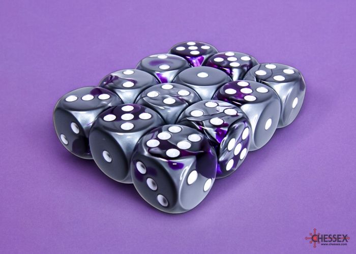 Chessex: 16mm d6 Dice Block (12 dice) - Gemini Purple Steel/White