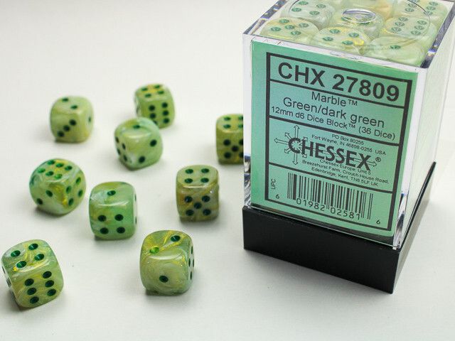 Chessex: 12mm d6 Dice Block (36 dice) - Marble Green/Dark Green