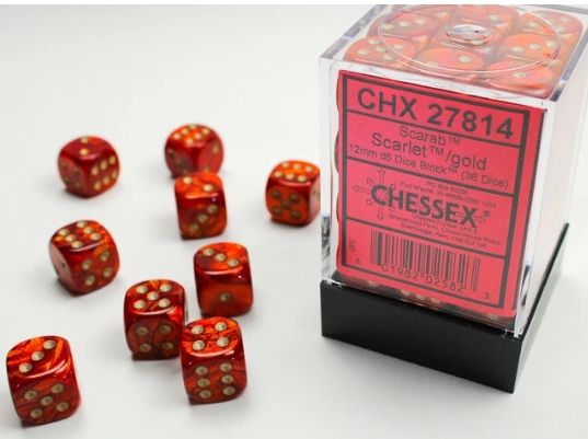 Chessex: 12mm d6 Dice Block (36 dice) - Scarab Scarlet/Gold
