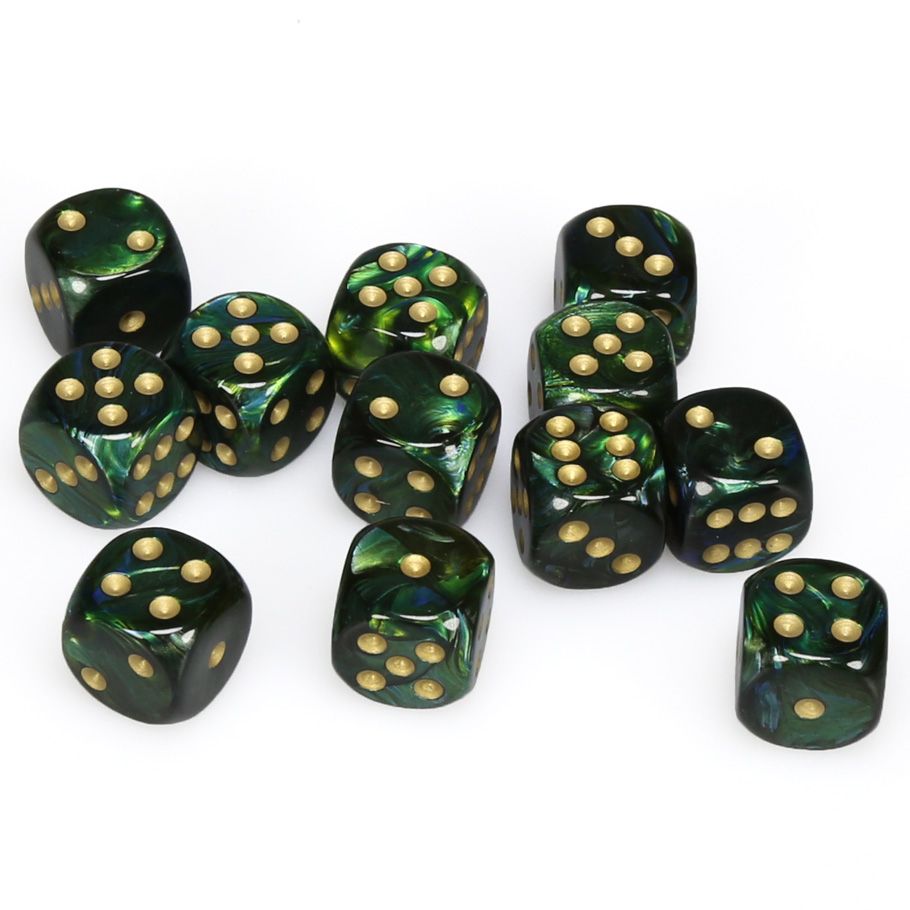 Chessex: 16mm d6 Dice Block (12 dice) - Scarab Jade/Gold