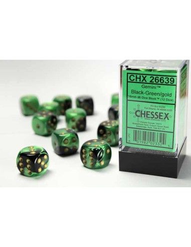 Chessex: 16mm d6 Dice Block (12 dice) - Gemini Black-Green/Gold