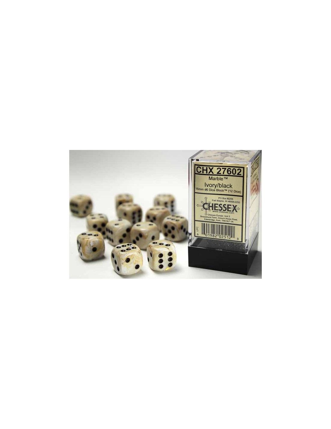Chessex: 16mm d6 Dice Block (12 dice) - Marble Ivory/black