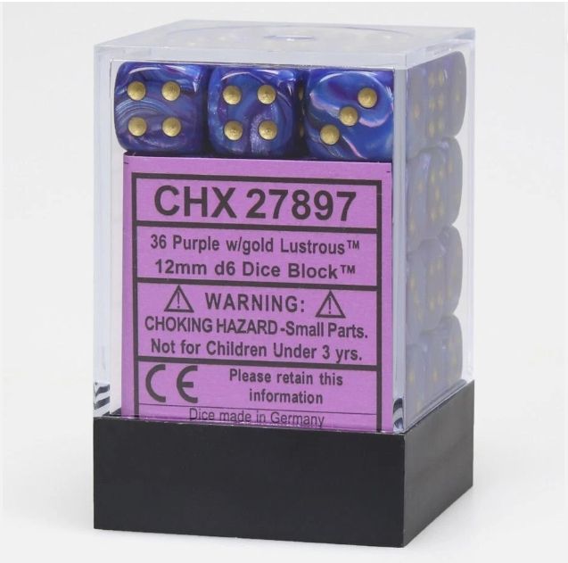 Chessex: 12mm d6 Dice Block (36 dice) - Lustrous Purple/Gold