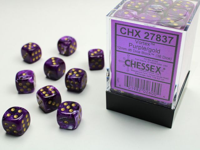 Chessex: 12mm d6 Dice Block (36 dice) - Vortex Purple/Gold