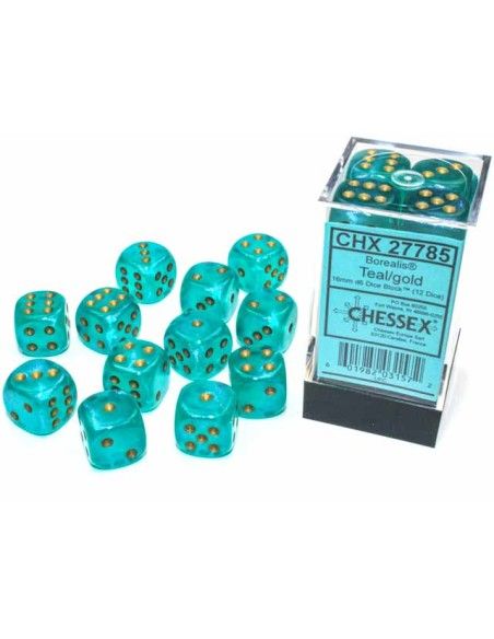 Chessex: 16mm d6 Dice Block (12 dice) - Borealis Teal/Gold